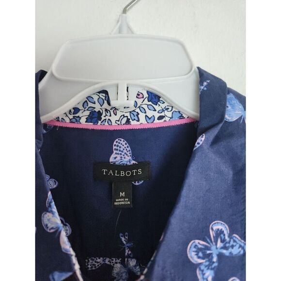 NWT Talbots Blue w/ Tossed Butterfly Print 100% Cotton Button Up Shirt Medium - Picture 7 of 9
